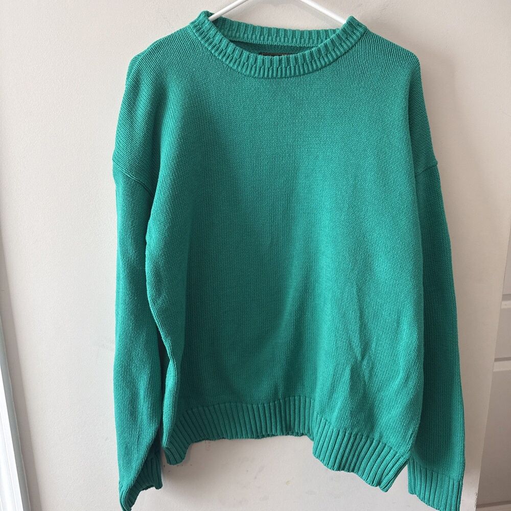Vintage 90s Eddie Bauer Chunky Knit Sweater Mens L Emerald Kelly Green Cotton